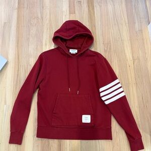 Thom Browne Red Hoodie with White Stripes fits like size M